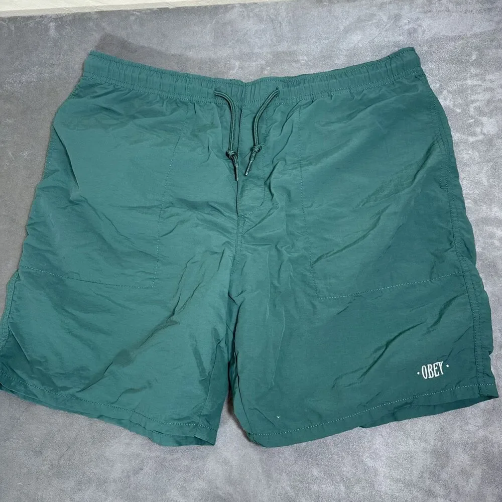 Obey Worldwide Green XL Men’s Swim Shorts Drawstring Trunks Mesh Pocket